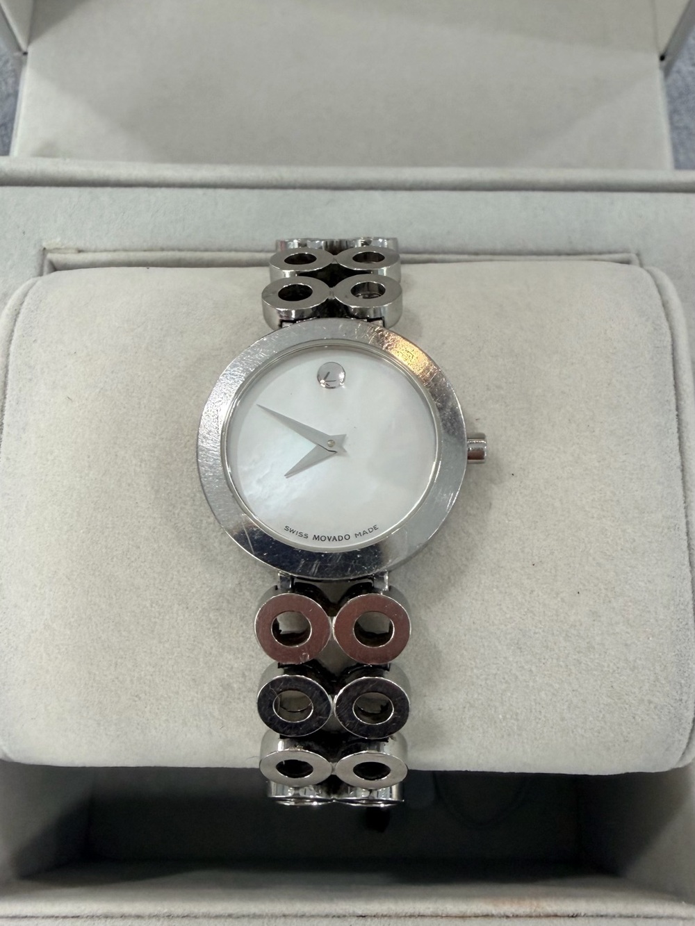 Movado Silver Women's Watch with Circular Link Bracelet